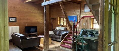 Smart TV, fireplace, DVD player, books