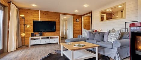 Smart TV, fireplace, DVD player, books