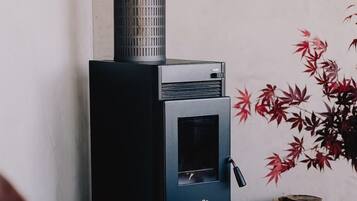 Un poêle à bois doté d’une porte en verre et d’un bouton de réglage.