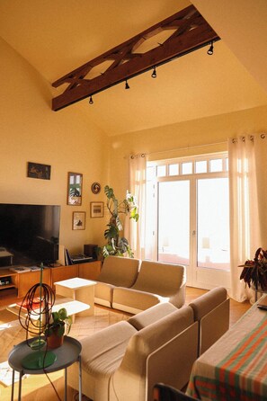 Smart-TV, Bücher, Musikbibliothek, Stereoanlage