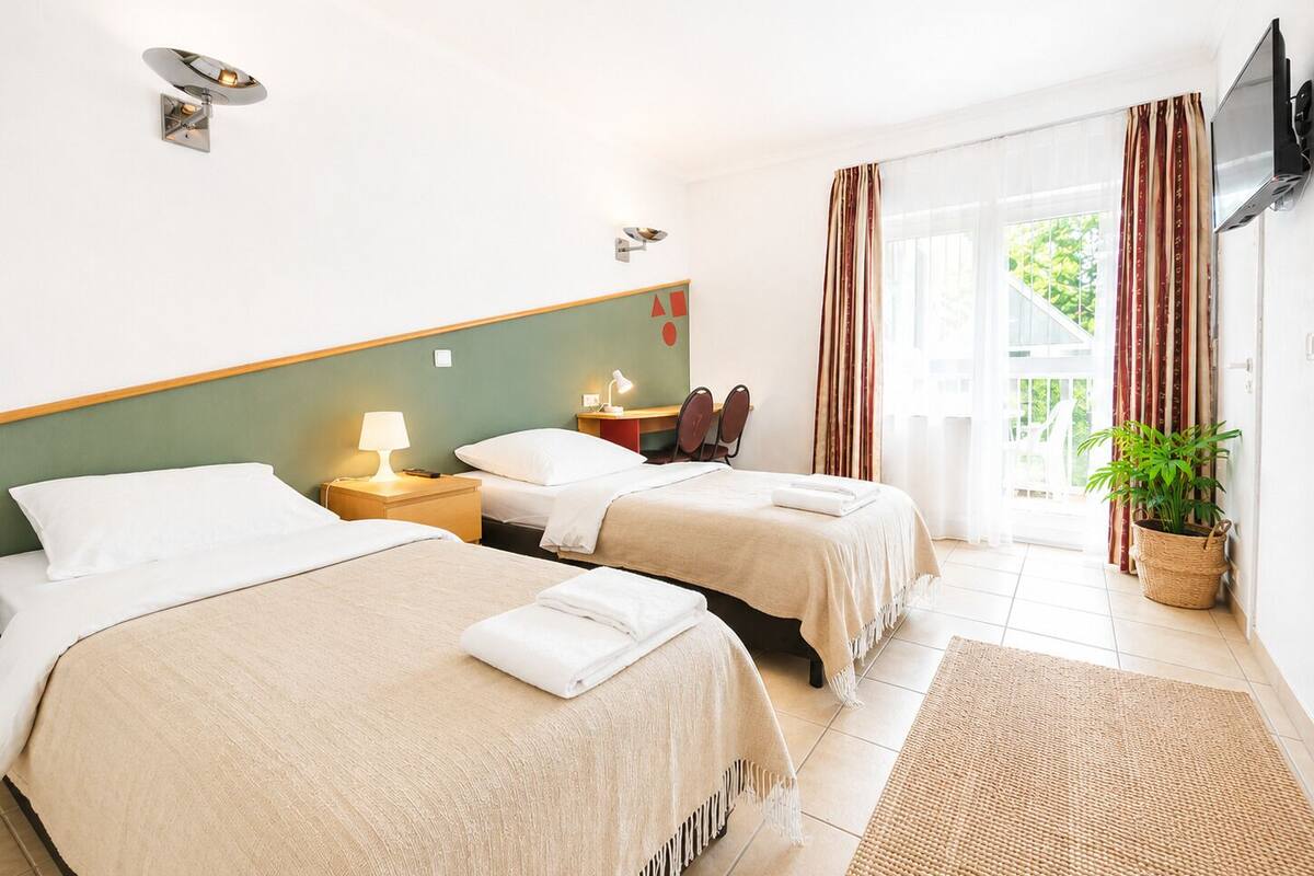 A hotel room with two beds, a TV, a desk, a chair, a lamp, a plant, and a view of the outdoors.