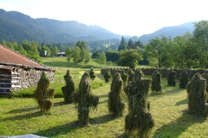 Ländliche Landschaft mit Heuballen, einem Steinhaus und einem bewaldeten Berg im Hintergrund.