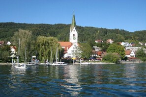 Un fiume con imbarcazioni, una chiesa con una guglia e case lungo la riva.