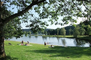 A lakeside park with grassy areas, trees, and a calm body of water. - Holiday apartment with 1 bedroom (Wegscheid)