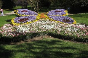 Ein Garten mit einer großen Blumenkomposition in Form eines Schmetterlings.