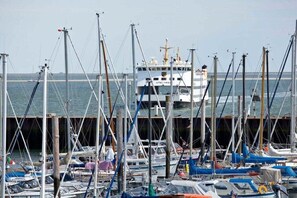 Ein Yachthafen mit mehreren vertäuten Booten, ein großes Schiff im Hintergrund und freie Sicht auf das Wasser.