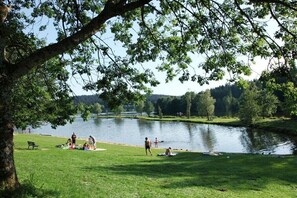Ein Park am Seeufer mit Rasenflächen, Bäumen und einer stillen Wasseroberfläche.