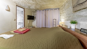 Un dormitorio con cama, televisión, ventana con cortinas, mesita de noche con planta y un cuadro colgado en la pared.