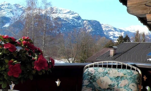 Ein Zimmer mit Blick auf schneebedeckte Berge, einer Topfpflanze mit roten Blüten und einem stuhl mit Blumenmuster.