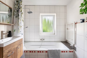 Shower, hair dryer, towels