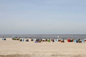 Ein Strand mit in einer Reihe angeordneten, nummerierten Zelten.