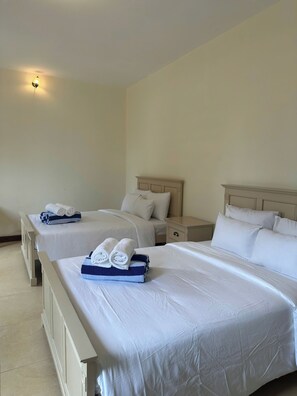 Habitación de hotel con dos camas, cada una con sábanas y toallas blancas, una mesita de noche y una lámpara de pared.