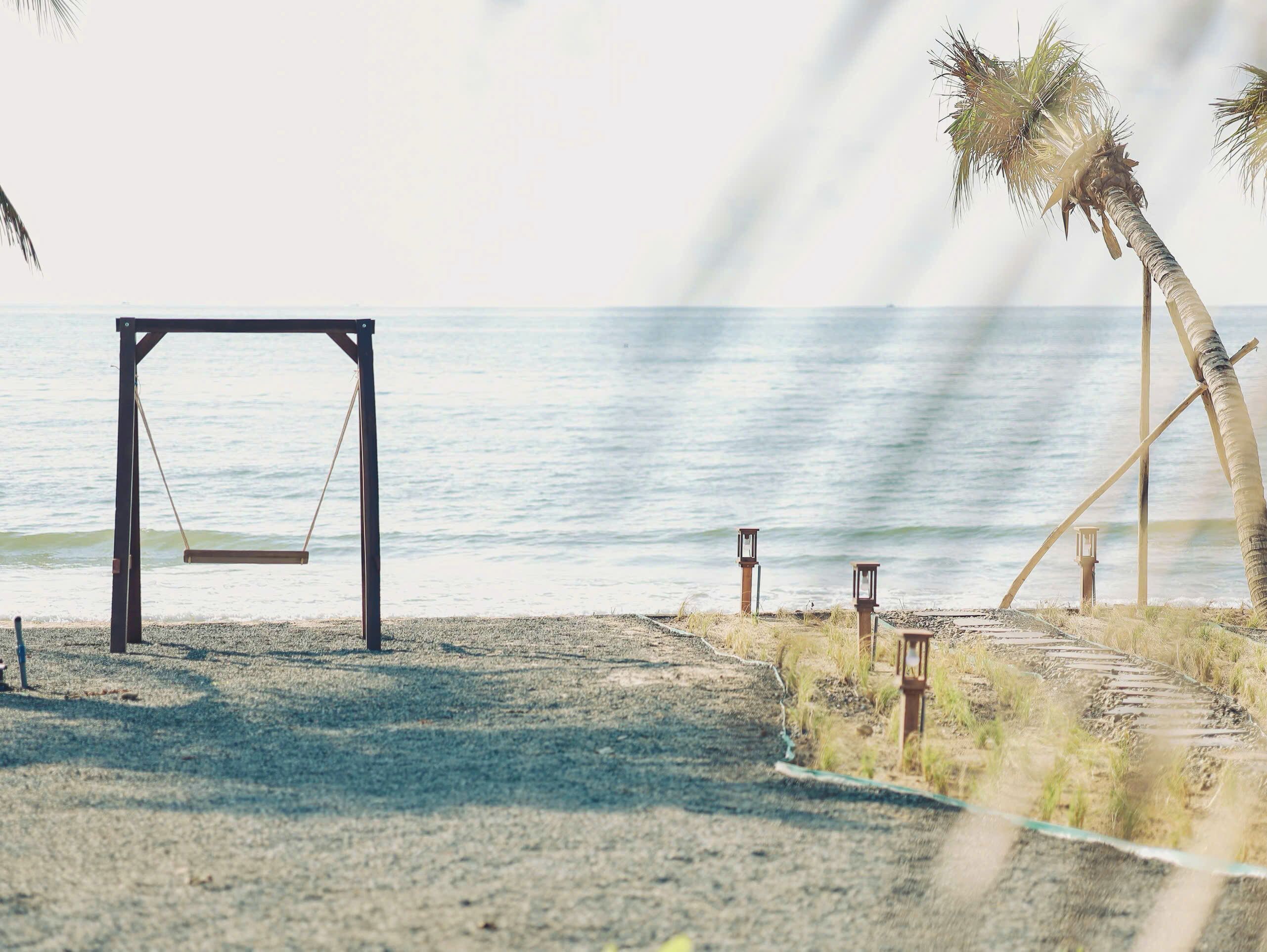A beach with a swing set, palm trees, and a clear view of the ocean.
