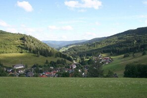 A rural village nestled in a valley with houses and a church. - House "Bergwiese" Ingeborg Wetzel (Todtnau)