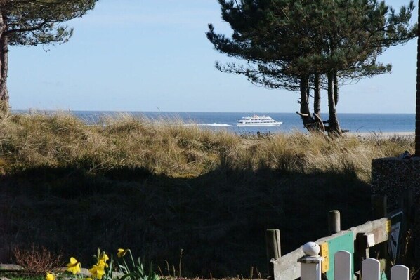 Blick auf die Küste mit einem Boot auf dem Wasser, grasbewachsenen Dünen und einem Holzzaun.