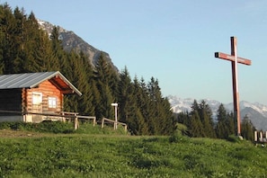 Eine Holzhütte mit Metalldach, umgeben von Bäumen und Bergen.