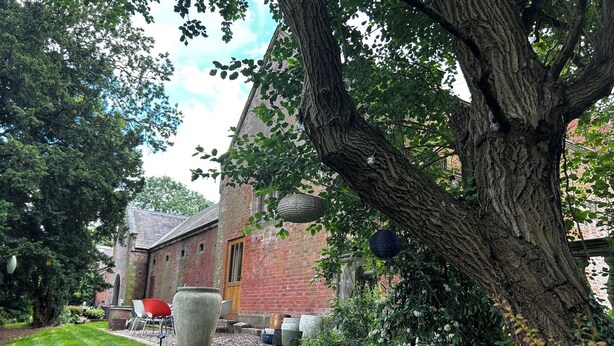 A brick building with a large tree in the foreground, a red chair, and a stone planter. - Shrewsbury Lodge (Stafford)