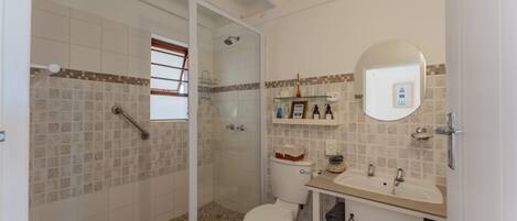 Une salle de bain équipée d’une douche, de toilettes, d’un lavabo et d’un miroir.