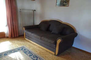 Ein Zimmer mit einem dunkelbraunen Sofa, einem gemusterten Teppich, einem Heizkörper und einem Fenster mit Vorhängen.