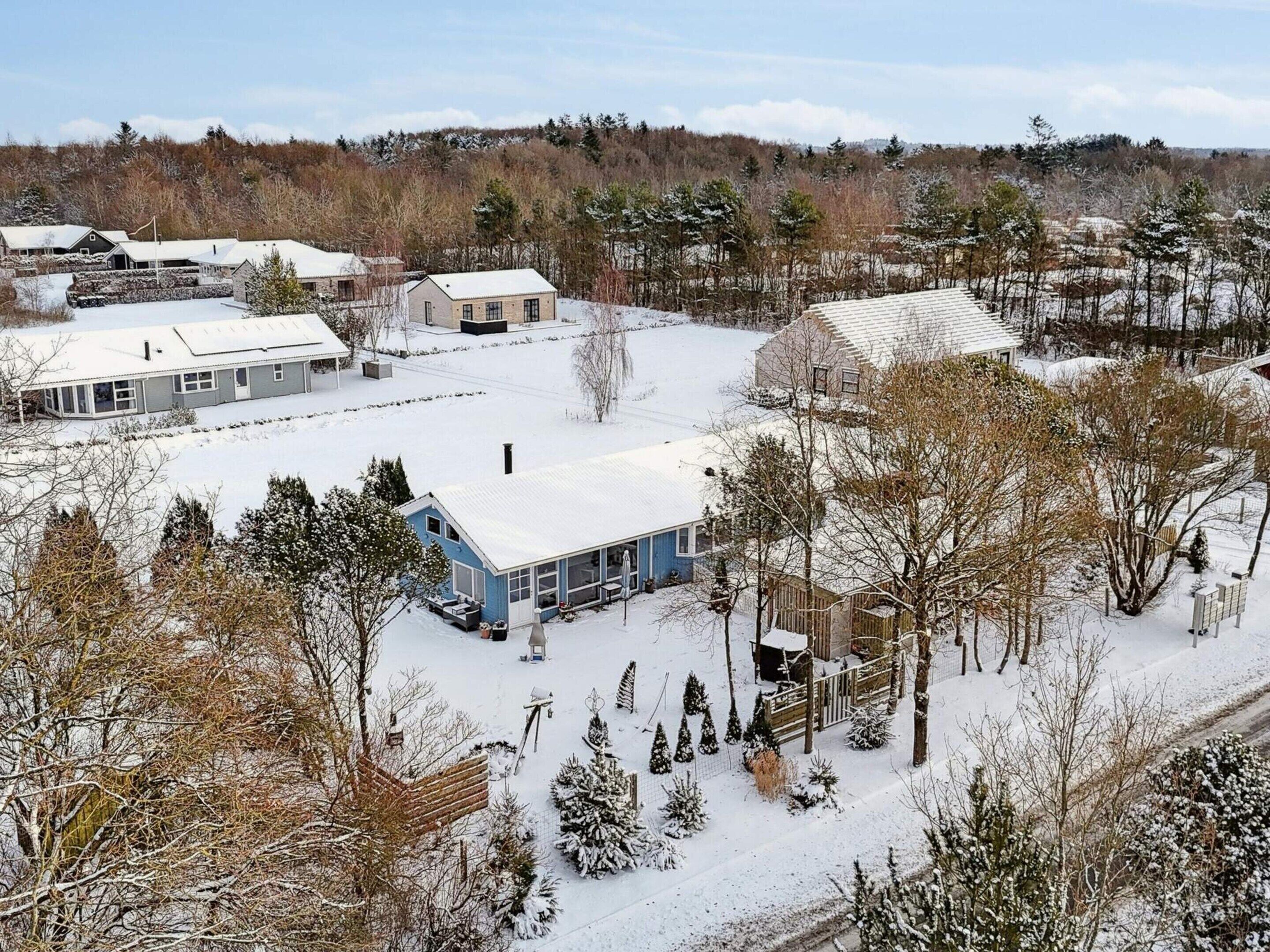Zona residencial con casas, suelo cubierto de nieve y árboles.