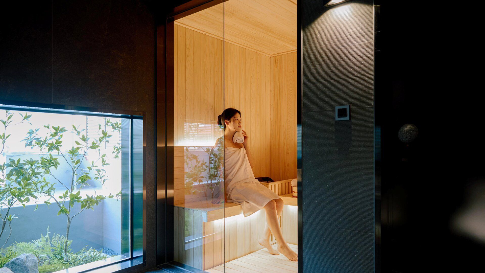 A modern interior with wooden paneling, a glass partition, and a view of greenery outside.