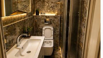 Comfort tweepersoonskamer, voor 1 persoon, uitzicht op de stad | Badkamer | Een douche, handdoeken, zeep, shampoo