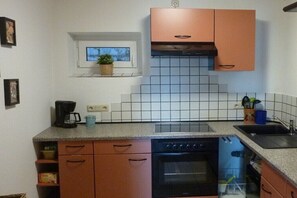 Eine Küche mit Herd, Backofen, Spüle und einem Fenster mit Pflanze.