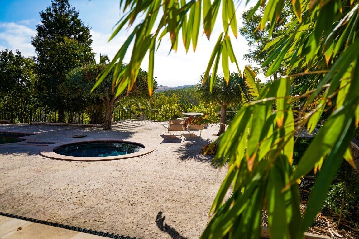 Un espace piscine doté d’un jacuzzi circulaire, entouré de palmiers et offrant une vue sur les collines lointaines.