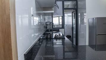 Großer Kühlschrank, Mikrowelle, Ofen, Herdplatte