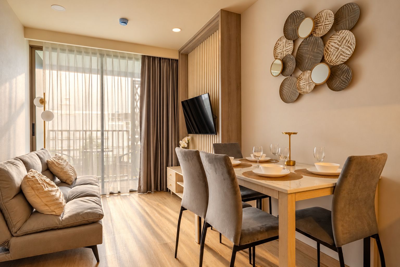 Ein modernes Hotelzimmer mit Essbereich, einer Couch und einem Fernseher.
