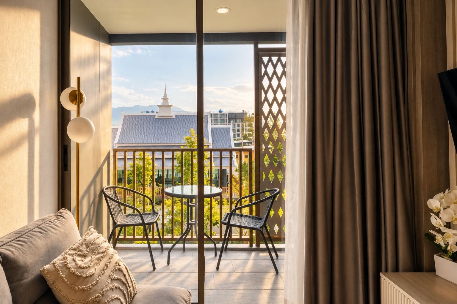 A balcony with a view of a building and mountains, furnished with a sofa and chairs.