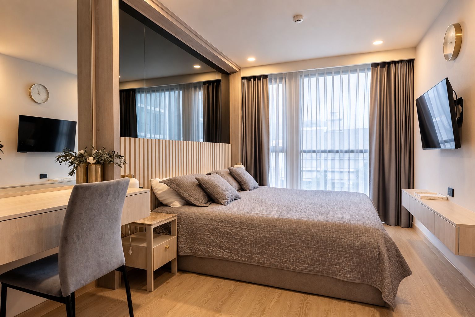 Et moderne hotelværelse med seng, skrivebord, stol, fjernsyn og et stort vindue med gardiner.