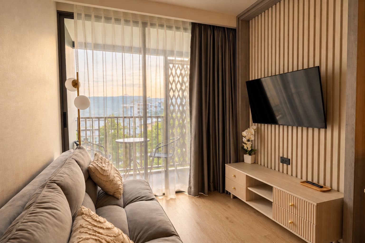 A modern living room with a sofa, a TV mounted on the wall, and a balcony with a view.