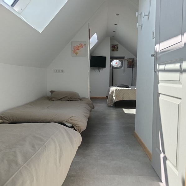 Una habitación con dos camas, un tragaluz, un televisor y un ventanal pequeño.