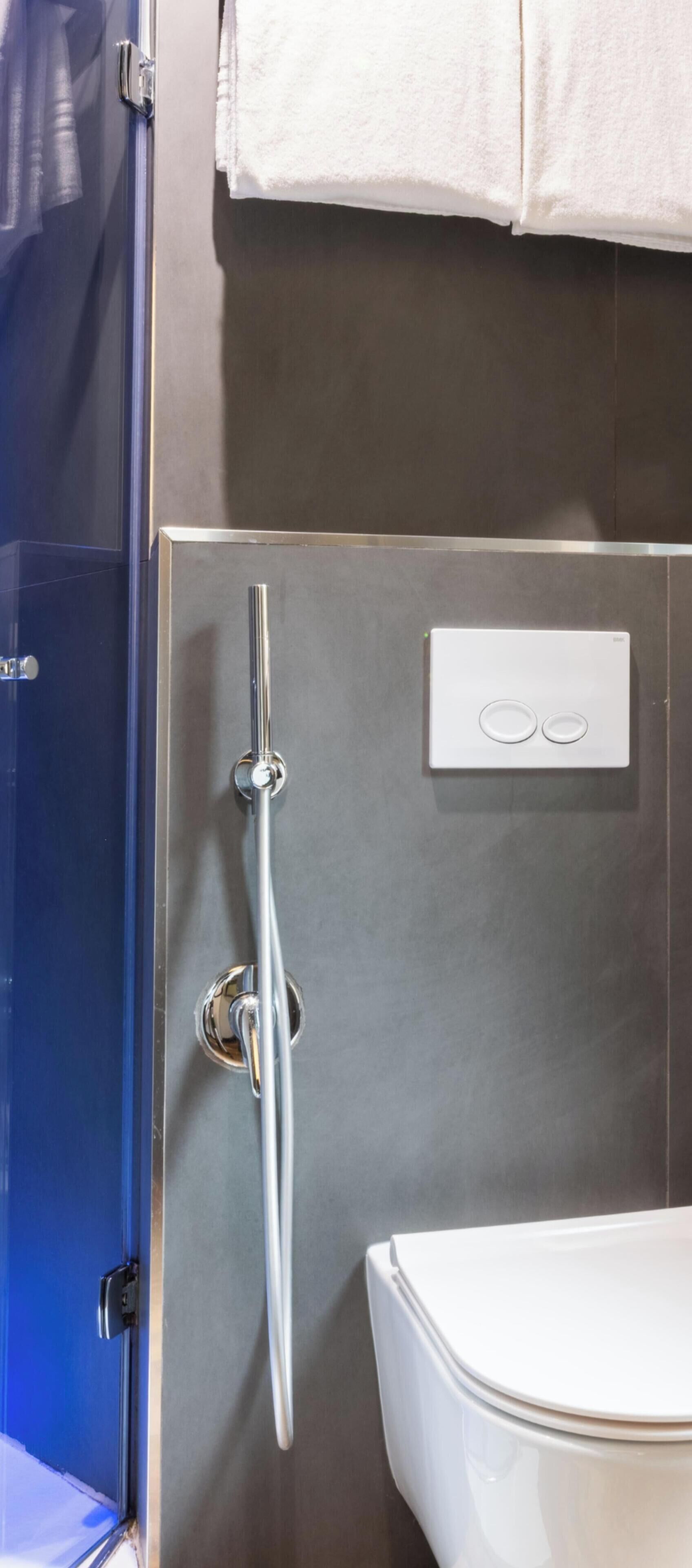 A modern bathroom with a shower, a toilet, and a control panel.