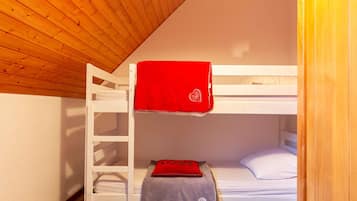 Une chambre avec des lits superposés, un plafond en bois et des murs blancs.