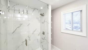 Shower, hair dryer, shampoo