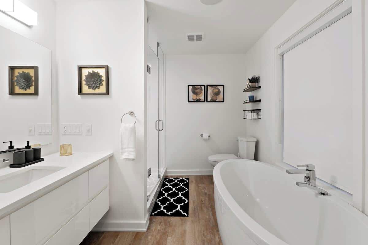 Shower, hair dryer, shampoo