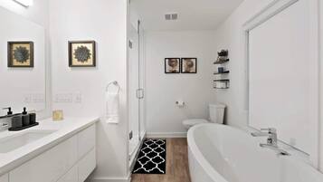 Shower, hair dryer, shampoo