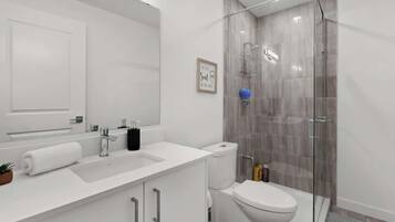 Douche, séchoir à cheveux, shampooing
