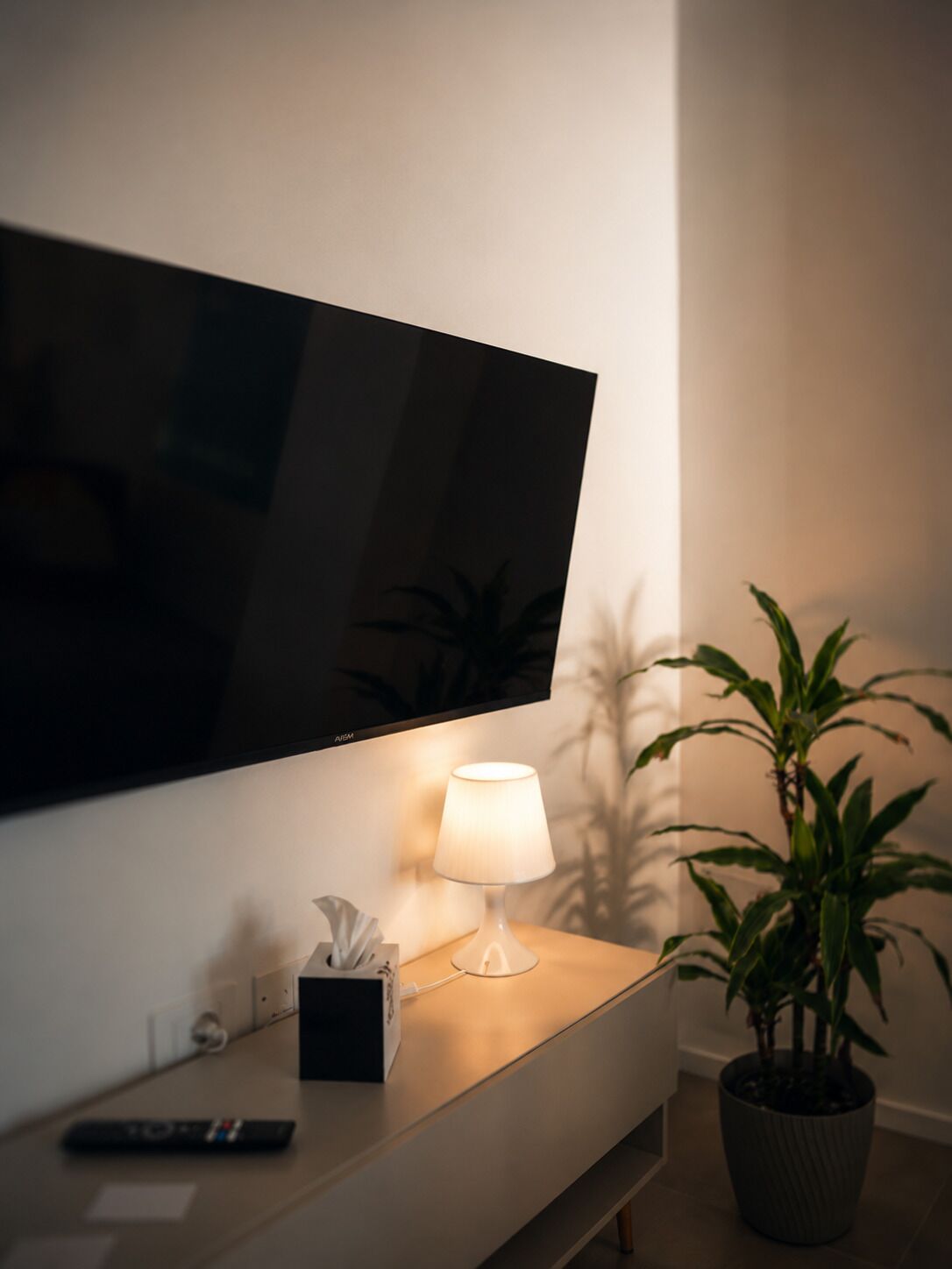 Een flatscreen televisie aan een muur, een nachtkastje met een lamp, een afstandsbediening, een zakdoekendoos en een potplant.