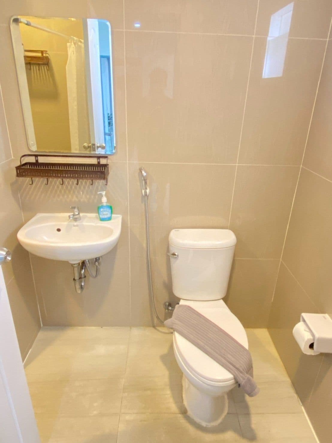 Een badkamer met een witte wastafel, een toilet en een douche.