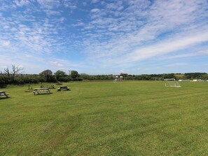 A grassy field with picnic tables and a soccer goal. - Sandpiper (Narberth)