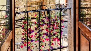 Un edificio de piedra con un balcón, barandilla de metal y flores colgantes.