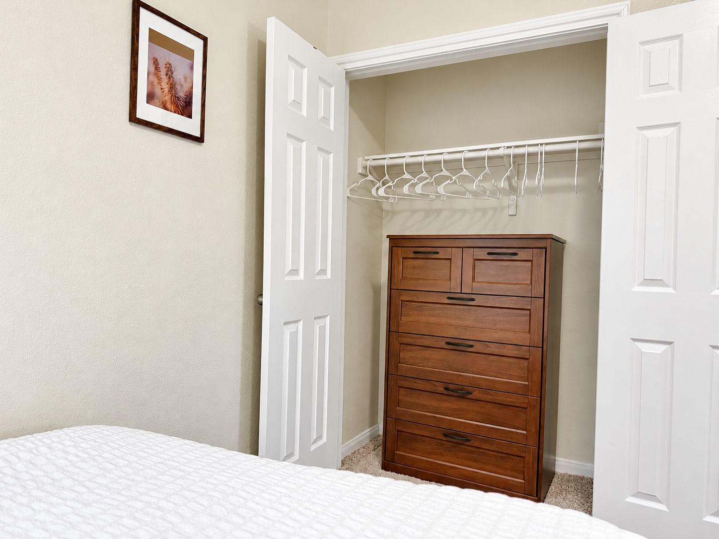 A bedroom with a bed, a wooden dresser, a closet with a clothing rack, and a framed picture on the wall.