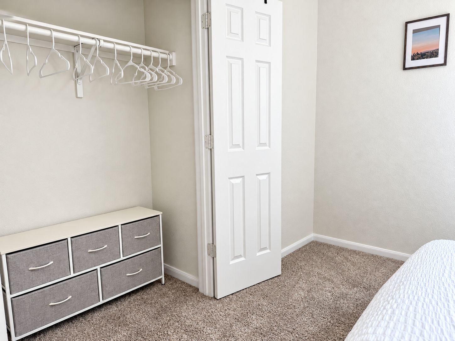 Une chambre avec une porte blanche, une commode à tiroirs, un portant à vêtements et un tableau encadré accroché au mur.