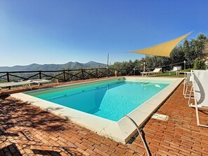 Una piscina rectangular de agua cristalina y azul, rodeada por una solana de ladrillo y una valla de metal negro.