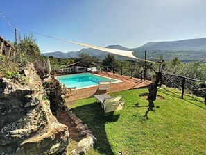 Una piscina con lettini, un'area barbecue e un vigneto sullo sfondo.