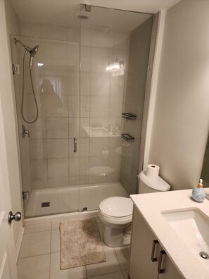 A modern bathroom with a glass-enclosed shower, a toilet, a sink, and a small decorative item on the countertop. - Modern, bright and private 2 bedroom, 2 full  bathroom (Cambridge)