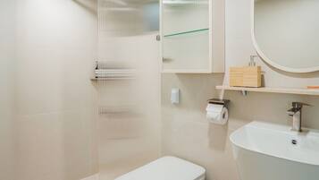 Shower, hair dryer, towels, soap